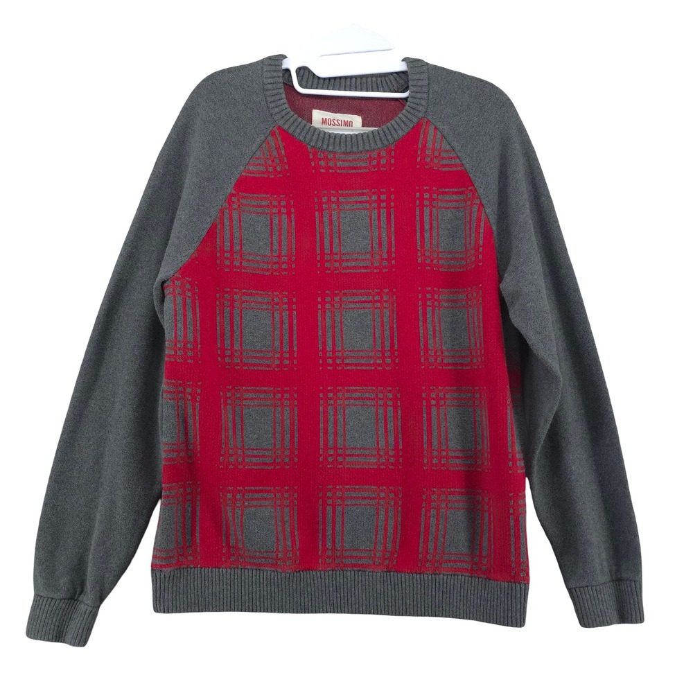 Plaid Crew Neck Long Sleeve Pullover Preppy Grandpa Red Gray Sweater Mens L